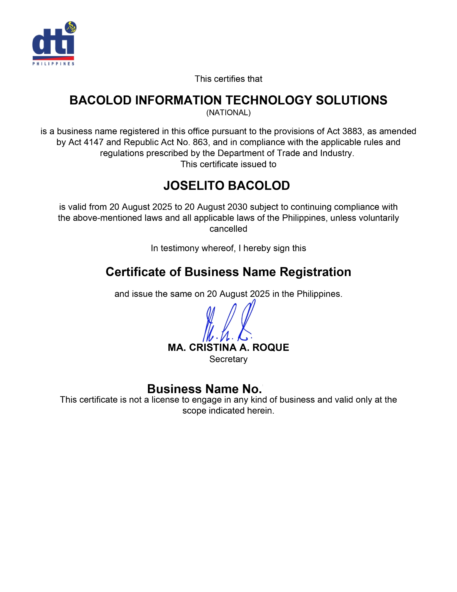 DTI Certificate of Business Name Registration