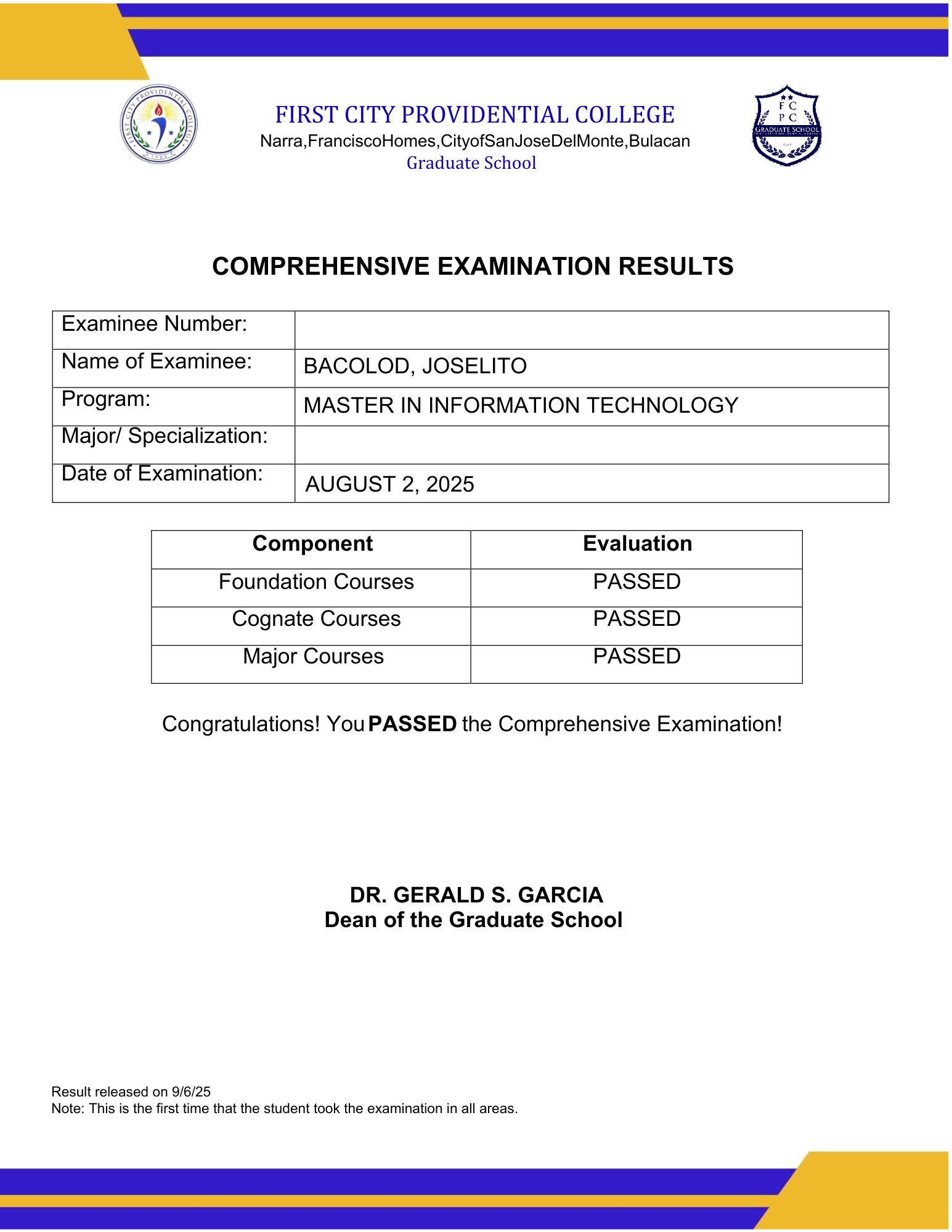 A certificate or results showing the word PASSED for the MIT Comprehensive Exam