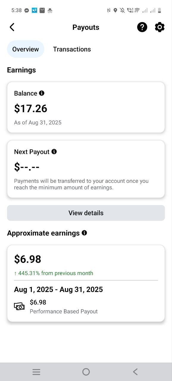 Screenshot of Facebook Payouts showing a balance of $17.26.