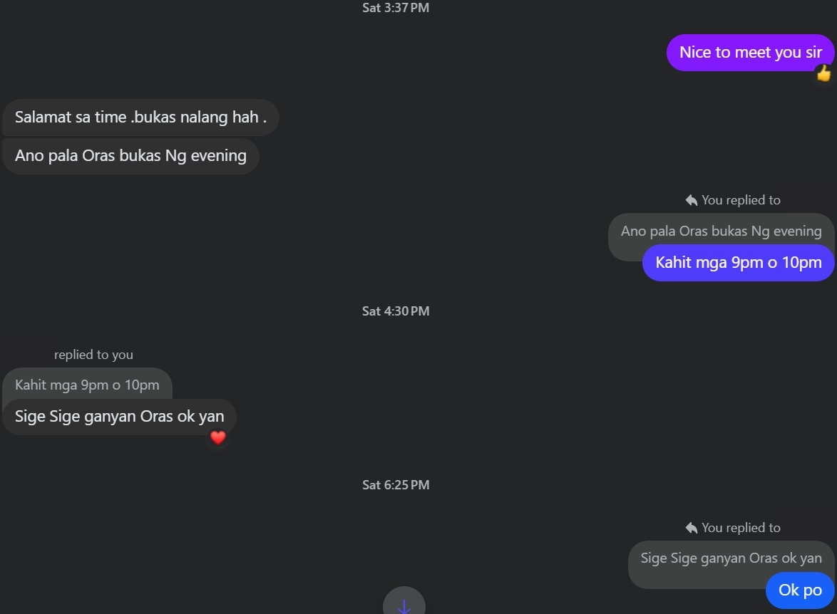 Chat screenshot scheduling the meeting time.