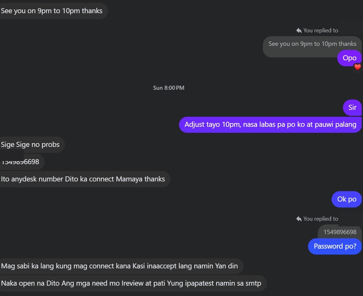 Chat screenshot showing AnyDesk number for connection.