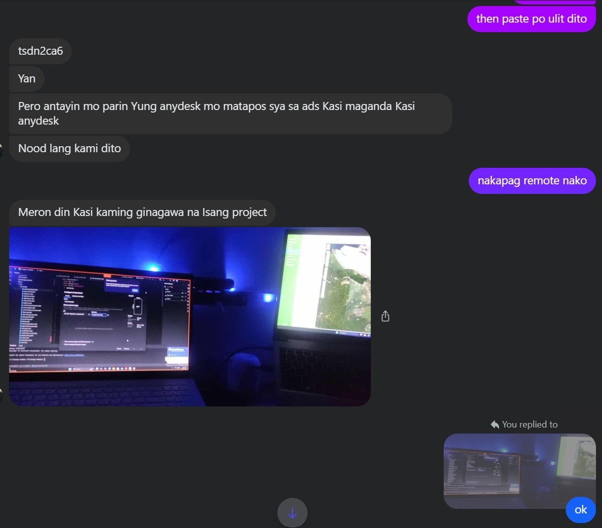 Chat screenshot showing remote work setup.
