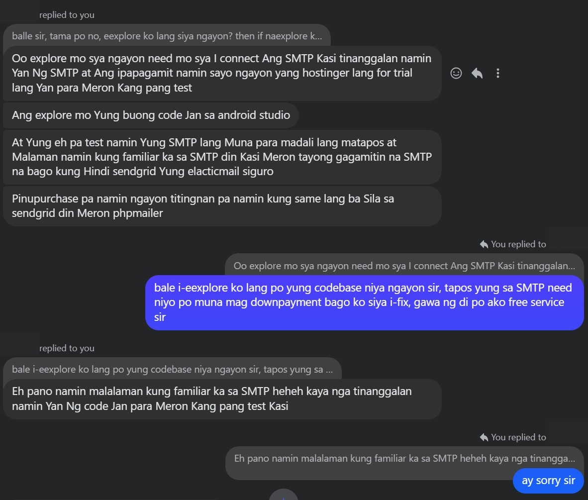 Chat screenshot showing the 'free test' trap discussion.