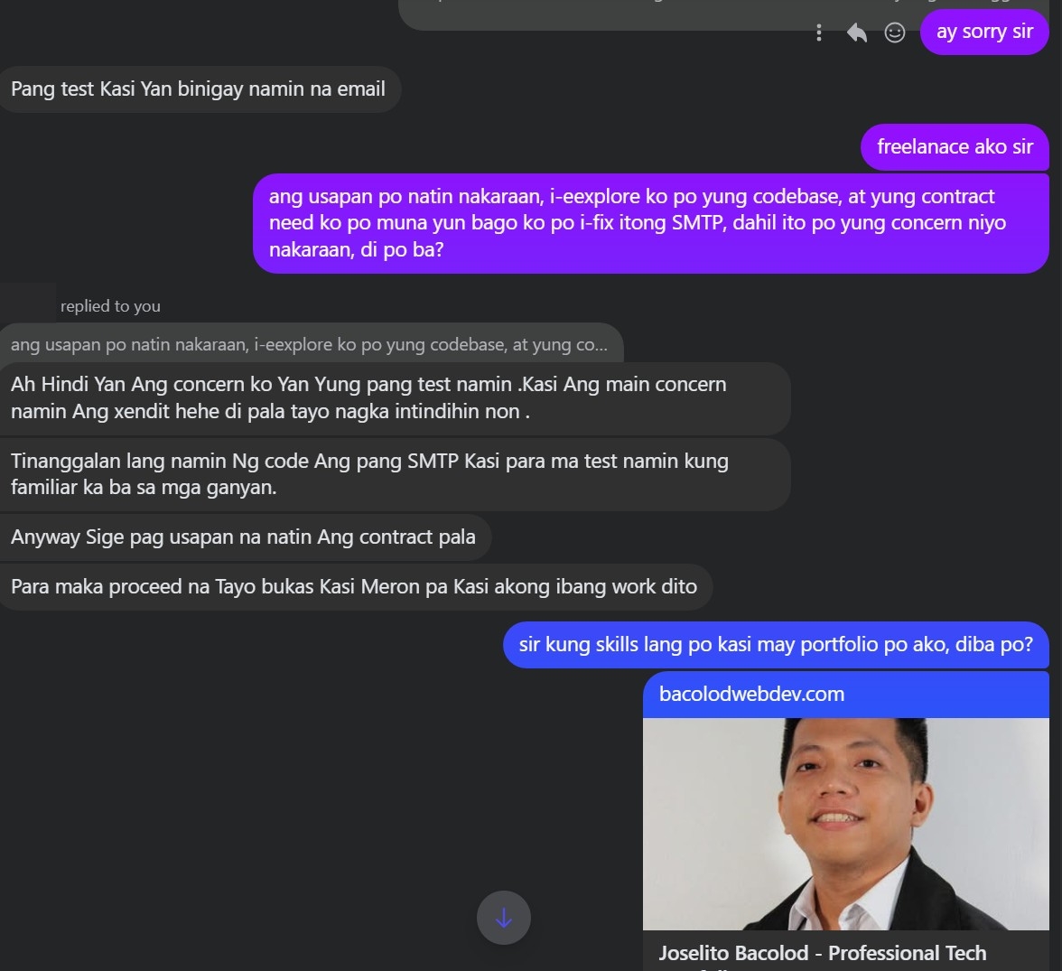 Chat screenshot where the freelancer directs the client to their portfolio.