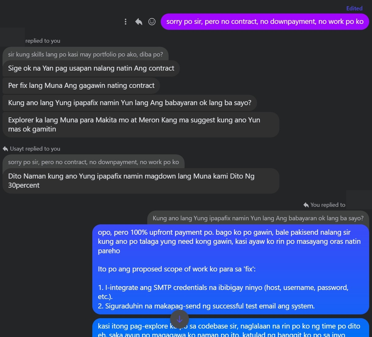 Chat screenshot showing the negotiation breakdown.