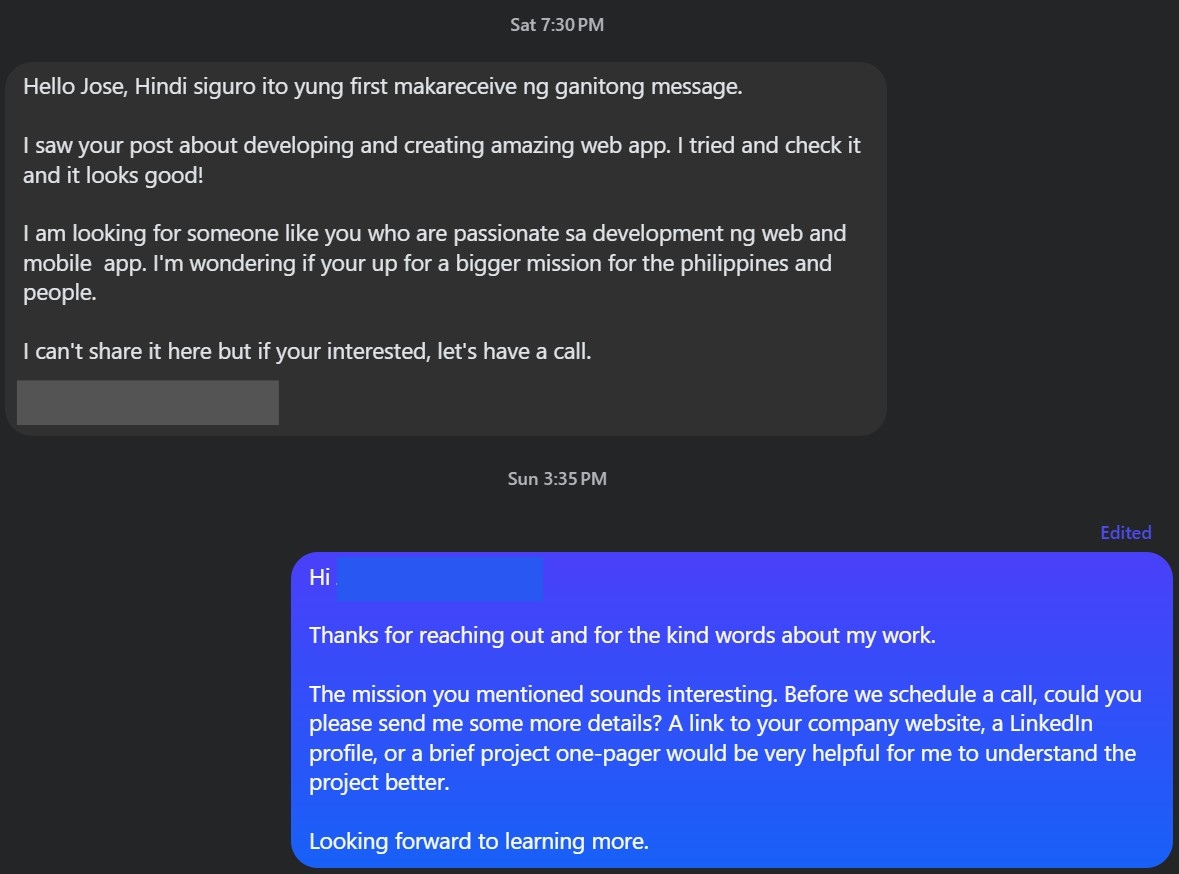 A screenshot of a suspicious client message.