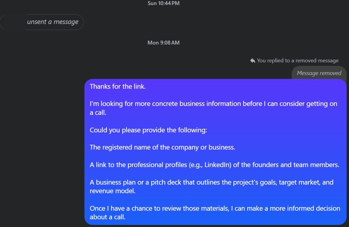 Screenshot of the follow-up request for professional details.