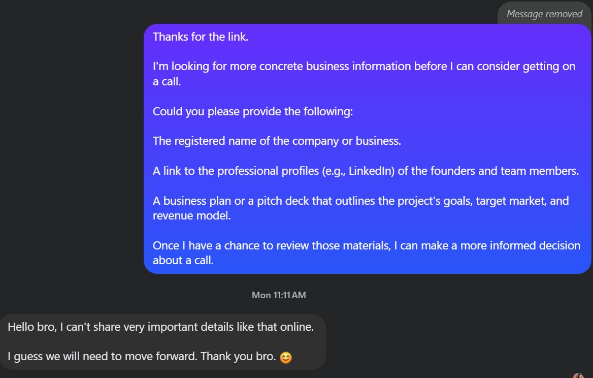 Screenshot of the client's final evasive reply.